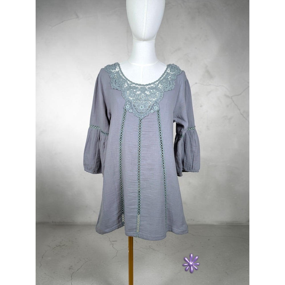 ANGIE Tunic Womens L Gray Boho Crochet Lace Bell Sleeve Cotton Cottagecore NWT